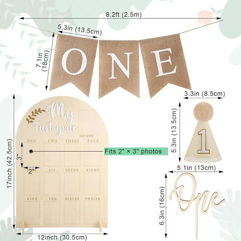 4 Pcs My First Year Photo Board 1st Birthday Wood Acrylic Sign 12 Monthly Picture Frame First Birthday High Chair Banner Cone Hat One Cake Topper First Birthday Decorations for Boy Girls in Saudi Arabia