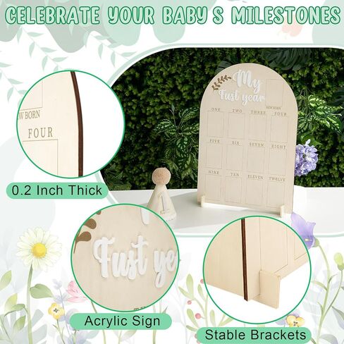 4 Pcs My First Year Photo Board 1st Birthday Wood Acrylic Sign 12 Monthly Picture Frame First Birthday High Chair Banner Cone Hat One Cake Topper First Birthday Decorations for Boy Girls in Saudi Arabia