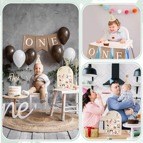 4 Pcs My First Year Photo Board 1st Birthday Wood Acrylic Sign 12 Monthly Picture Frame First Birthday High Chair Banner Cone Hat One Cake Topper First Birthday Decorations for Boy Girls in Saudi Arabia