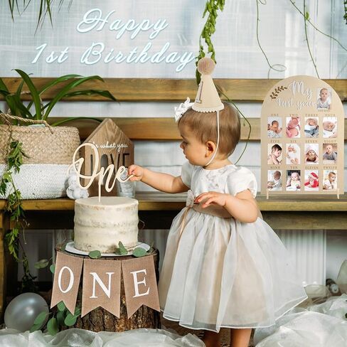 4 Pcs My First Year Photo Board 1st Birthday Wood Acrylic Sign 12 Monthly Picture Frame First Birthday High Chair Banner Cone Hat One Cake Topper First Birthday Decorations for Boy Girls in Saudi Arabia