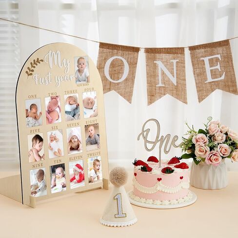 4 Pcs My First Year Photo Board 1st Birthday Wood Acrylic Sign 12 Monthly Picture Frame First Birthday High Chair Banner Cone Hat One Cake Topper First Birthday Decorations for Boy Girls in Saudi Arabia