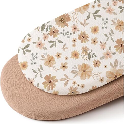 Konssy 2 Pack Muslin Bassinet Sheets for Baby Girls Boys, 32"x16" | 100% Cotton, Soft & Breathable Bassinet Mattress Sheets, for Halo Bassinest Swivel Sleeper, Graco, Snoo (Chestnut,Posy) in Saudi Arabia