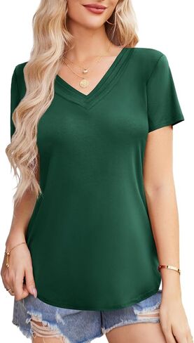 تي شيرت نسائي صيفي من Amoretu برقبة على شكل حرف V وأكمام قصيرة، تي شيرت أساسي بحاشية منحنية in Saudi Arabia
