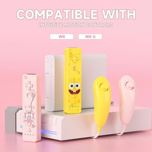 جهاز التحكم عن بعد YKASEK Wii مع Nunchuck، وحدة تحكم Wii 2 Pack مع 2 Nunchuck متوافق مع Wii/Wii U، الأصفر والوردي. in Kuwait