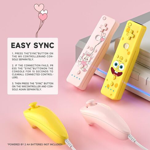 جهاز التحكم عن بعد YKASEK Wii مع Nunchuck، وحدة تحكم Wii 2 Pack مع 2 Nunchuck متوافق مع Wii/Wii U، الأصفر والوردي. in Kuwait