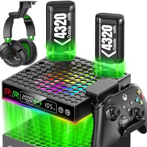 LVVIL AUTO Cooling Fan for Xbox Series X/S Console with 2 Packs 4320mWh Rechargeable Battery, Built-in Auto Adjustable Cooling System with RGB Fans Cooler, Controller & Headset Holders Included