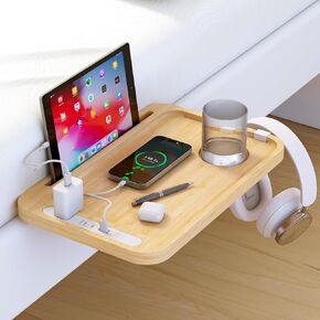 Bedside Shelf Bed Table with USB Charging Port - Oblitor Top Bunk Bed Shelfie with Tablet Phone Holder College Dorm Room Essentials Bedside Table Organizer with Cup Holder, Wooden Nightstand，Hooks