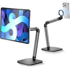 Phone Holder For Desk, With Magnetic Design, Tablet Stand for iPad, With Heavy Duty Metal Base, Desktop Stand Holder With 360° Rotation, Height & Angle Adjustable, For Video Calls, Vlog Recording
