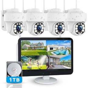 5MP Wireless Home Security Camera System with 12.5" Monitor, 4PCS CCTV PTZ Camera Security System Support 5G/2.4G WiFi, Motion Detection, Color Night Vision, 4K 10CH NVR with 1TB Hard Drive