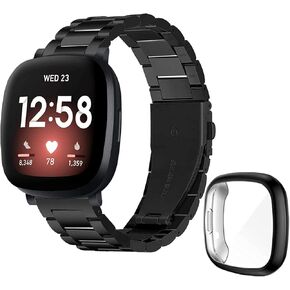 Bands Compatible with Fitbit Versa 3/Sense, Quick Release Stainless Steel Metal Strap and TPU Slim Protective Case for Sense/Versa 3 Women Men Dressy