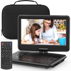 12.5" Portable DVD Player with 10.5" Large HD Screen, 4-6 Hours Rechargeable Battery, Dual Speakers, Region Free, Remote Control, Support Multiple Disc Formats Sync TV, USB/SD, Black