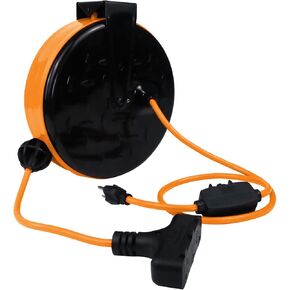 30 Ft Retractable Extension Cord Reel, 3 Outlets 16/3 Gauge Retractable Power Cord, 10A Circuit Breaker, Wall or Ceiling Mountable for Garage, Workshop, UL Listed, Red