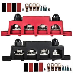 Power Distribution Block Busbar,4×6/15"(M8) Post,3×#8 Screw Terminals,48V 250 Amp,Marine, Automotive&Solar Wiring,Negative&Positive,Set of 1 Pair (Red&Black)
