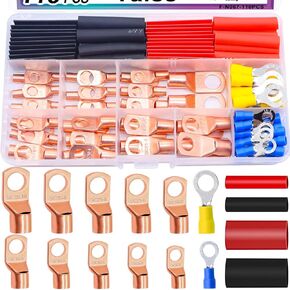 Taiss 110PCS Copper Wire Lugs,Battery lugs AWG 2/4/6/8/10/12/14/16 Gauge Copper lugs Assortment,Battery Cable Ends Copper Ring Terminals Connectors with Heat Shrink