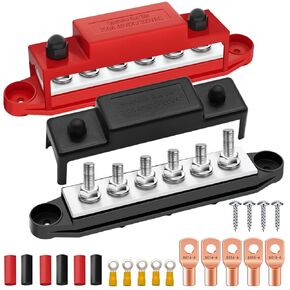 (Red+Black) Power Distribution Terminal Block with Cover with 6 x 1/4" (M6) Post,Battery 12V Bus Bar with Ring Terminals for Car Boat Marine O-Q-080