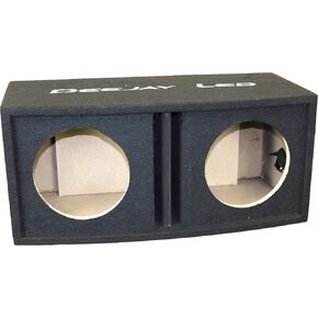 Double 10-in Center Port Vented Round Empty Car Bass Speaker Box 9-1/8-in Round Openings for two 10-in Woofers Rounded Front with Divergent Angles Carpet Stitched Logo DEEJAY LED 2X10ROUNDVENTED
