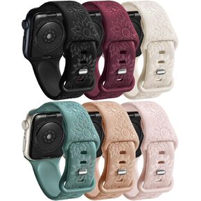 6 Pack Floral Engraved Bands Compatible Apple watch band With 38mm 40mm 41mm 42mm 44mm 45mm 49mm Women.Silicone Flower Reflective Pattern Sport Strap for iWatch Series 10 9 8 7 6 5 4 SE Ultra 3 2 1 in Saudi Arabia