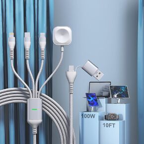 100W Multi Charging Cable for Apple Watch Charger - Multi Charger Cord with Lightning/Micro/Type C/iWatch Charger for iPhone, iPad, Tablets, Apple Watch - 10FT Travel iPhone Watch Charger