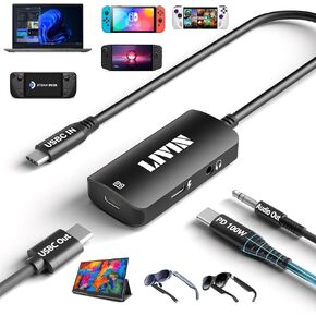محول نظارات LIVIN AR، USB C إلى XREAL/Rokid/VITURE/RayNeo، 3 في 1، 4K @ 60 هرتز + شاحن 100 وات + منفذ صوت، التوصيل والتشغيل، غلاف من الألومنيوم، لهاتف iPhone15، Android، شاشة محمولة، كمبيوتر شخصي، سويتش، SteamDeck، ROG Ally