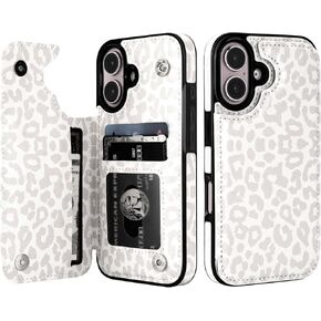 HAOPINSH for iPhone 16 Case Wallet with Card Holder, White Leopard Cheetah Pattern Back Flip Folio PU Leather Kickstand Card Slots Case for Women Girls, Double Magnetic Clasp Shockproof Cover 6.1"