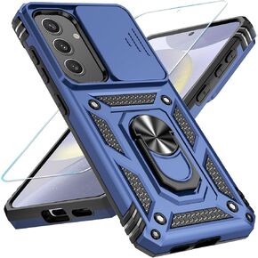Samsung Galaxy S24 Ultra Case with HD Screen Protector & Slide Camera Cover, 2 in 1 Built-in Rotatable Kickstand (Camera Cover Blue)