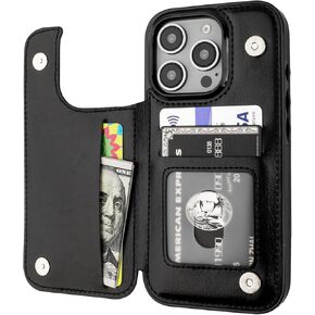 Compatible with iPhone 16 Pro Wallet Case with Card Holder, PU Leather Kickstand Card Slots Case, Double Magnetic Clasp and Durable Shockproof Cover 6.3 Inch (Black)