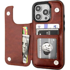 Compatible with iPhone 16 Pro Wallet Case with Card Holder, PU Leather Kickstand Card Slots Case, Double Magnetic Clasp and Durable Shockproof Cover 6.3 Inch (Black)