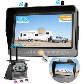 Wireless Backup Camera Install-Free for RV: 7 Inch DVR Monitor 1Min Easy Install Magnetic Solar Waterproof Hitch Rear View Camera Rechargeable HD 1080P Night Vision for RVs Trucks Campers