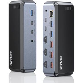USB C Docking Station Triple Monitor, Raycue 15 IN1 MacBook Pro Docking Station with Power Adapter for MacBook M1/M2/M3/Windows, Laptop Docking Station with HDMI*3, RJ45, 10Gbps USB*5, PD, USB 3.0*2
