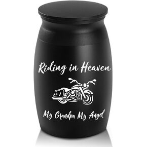 Urns for Dad Ashes, 2.8“ High Small Personal Funeral Cremation Urns, Beautiful Peaceful Handcrafted Memorial Keepsake Urn, Engraved Riding in Heaven & Motorcycle Decorative Urns for Sharing