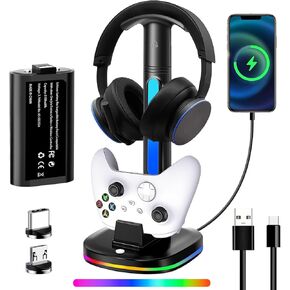 RGB Headphone Stand with Charger, Xbox Controller Charging Station Headset Stand Suitable for Xbox Series X/S/One/One X/One S Charging, Equipped with 1 * 5180mWh Rechargeable Xbox Battery Pack.