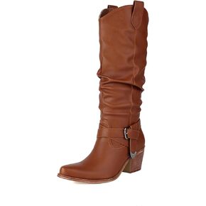 UTIKLIOU Women's Mid Calf Western Boots Slouchy Pull On Boots Chunky Heel Pointed Toe Cowboy Boots Winter Shoes