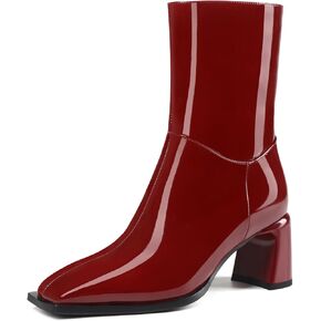 Ankle High Boots for Women Trendy Square Toe Mid-calf boots Block Chunky Heel Short Booties Side Zipper Patent Leather Dress Boots for Women.