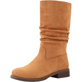 Shoe'N Tale Slouchy Mid Calf Flat Boots for Women Pull On Round Toe Side Zip Fall and Winter Fashion Comfortable Boots