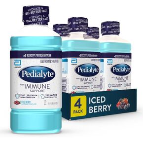 Pedialyte with Immune Support Electrolyte Solution, Iced Berry, Hydration Drink with Zinc, Selenium, and Magnesium, 1 Liter Pack of 4
