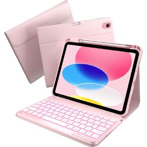 typecase Folio Keyboard Case for iPad 10th Generation 2022 (10.9"), 7-Color Backlit, Magnetic Wireless Detachable, Thin & Light, Pencil Holder, Light Pink