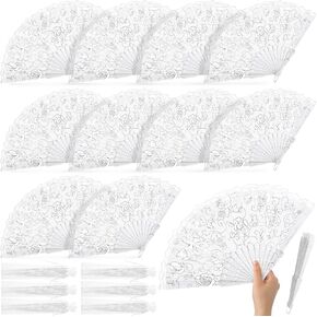 12 Sets Lace Floral Folding Hand Fans with Gift Bags Rose Retro Foldable Fan White Hand Held Fans Wedding Party Favors for Bridal Dancing Ball Birthday Church Tea Party Supplies
