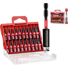 10 Pieces 2 In. (T7-T40) Impact Screwdriver Bit Set, Magnetic Multi-Torx Head Power Bits, S2 Alloy Steel Star Bits with 1 Pc Impact Bit Holder and Storage M-Box