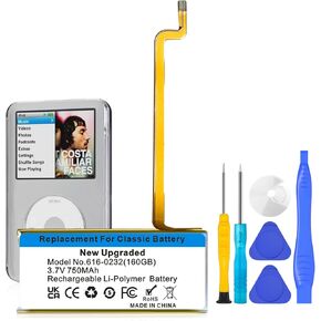 Upgrade Replacement 750mAh Battery 616-0232 Compatible with iPod 5th - 7th Generation Video Classic A1136 A1238 6th 80GB 6.5th 120GB 7th 160GB 5th 30GB with Repair Tool Kits