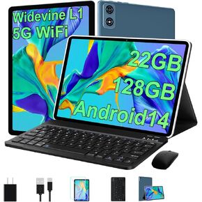 2024 Tablet 10 Inch Android 14 Tablets with Keyboard, 22GB RAM 128GB ROM, Widevine L1, Octa-Core, 8000mAh Battery, 5G Wifi, HD IPS Display, TF 1TB, GPS, Mouse, Case, Face Unlock, Split Screen (Grey)