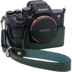 Bowan for Sony A7 Mark IV Camera Case,Handmade Genuine Real Leather Half Camera Case Bag Cover for A7IV A7M IV A7M4 A7 Mark IV A7RV A7R5 Camera Bottom Opening Version + Hand Strap (Green)