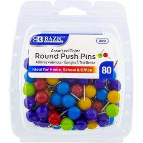 BAZIC Push Pins, Round Plastic Head, Assorted Color Thumb Tacks Steel Point Pin for Cork Bulletin Board Map Posters Office School (80/pack), 1-Pack
