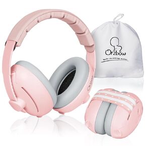 Orzbow 2-in-1 Baby Ear Muffs Noise Protection, Adjustable Noise Cancelling Headphones for Babies up to 48 Months, Comfortable Infant Ear Protection with Non-Slip Band for Airplane Travel Sleep, Pink