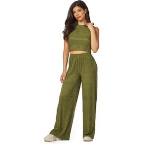 Casual Easy Stretch Textured Lounge 2pc Set Tank and Wide Leg Bottom Set