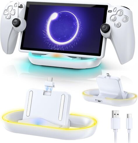 محطة شحن لبوابة PlayStation - صديقة للحافظة، قاعدة شحن مع حامل شاحن خفيف RBG وكابل USB من النوع C، منفذ مغناطيسي من النوع C لشحن بوابة PS5 Ps مع حافظة (أسود) in Kuwait