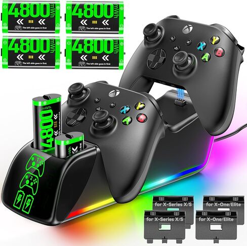 شاحن RGB مع حزمة بطاريات قابلة لإعادة الشحن بقدرة 4 × 4800 مللي واط في الساعة لأجهزة Xbox Series/One X|S، ومحطة شاحن وحدة تحكم Xbox مع حزمة بطاريات قابلة لإعادة الشحن لوحدات تحكم Xbox One S|X/Elite Core in Kuwait