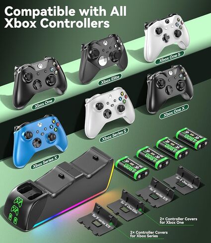 شاحن RGB مع حزمة بطاريات قابلة لإعادة الشحن بقدرة 4 × 4800 مللي واط في الساعة لأجهزة Xbox Series/One X|S، ومحطة شاحن وحدة تحكم Xbox مع حزمة بطاريات قابلة لإعادة الشحن لوحدات تحكم Xbox One S|X/Elite Core in Kuwait