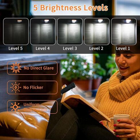 مصباح قراءة الكتب QUMOX بجانب السرير، ضوء قراءة LED محمول مع مشبك، 3 ألوان كهرمانية و5 مستويات سطوع قابلة للتعديل، مصباح قراءة USB قابل لإعادة الشحن لمحبي الكتب in Kuwait