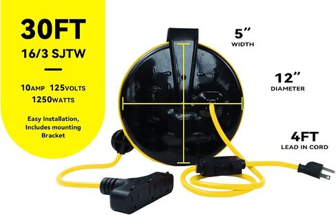 30 Ft Retractable Extension Cord Reel, 3 Outlets 16/3 Gauge Retractable Power Cord, 10A Circuit Breaker, Wall or Ceiling Mountable for Garage, Workshop, UL Listed, Red in Saudi Arabia