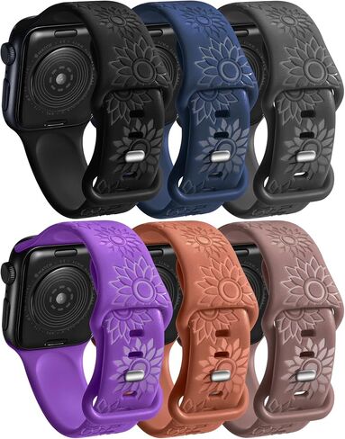 6 Pack Floral Engraved Bands Compatible Apple watch band With 38mm 40mm 41mm 42mm 44mm 45mm 49mm Women.Silicone Flower Reflective Pattern Sport Strap for iWatch Series 10 9 8 7 6 5 4 SE Ultra 3 2 1 in Saudi Arabia